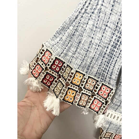 John Mark Top Shirt Small Blue Boho Embroidered Crochet Pullover Tunic Tassel - Picture 3 of 9